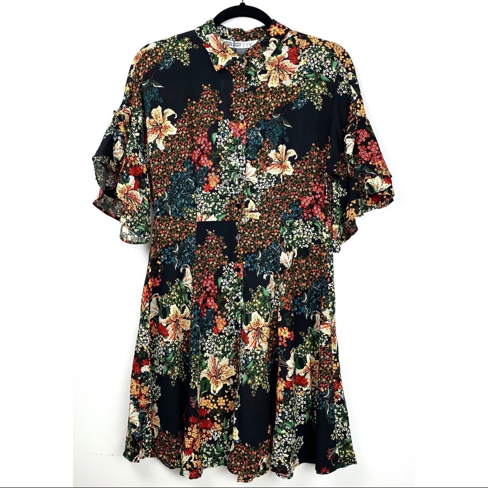 Zara Z1975 Denim Floral Burton down Dress NWT